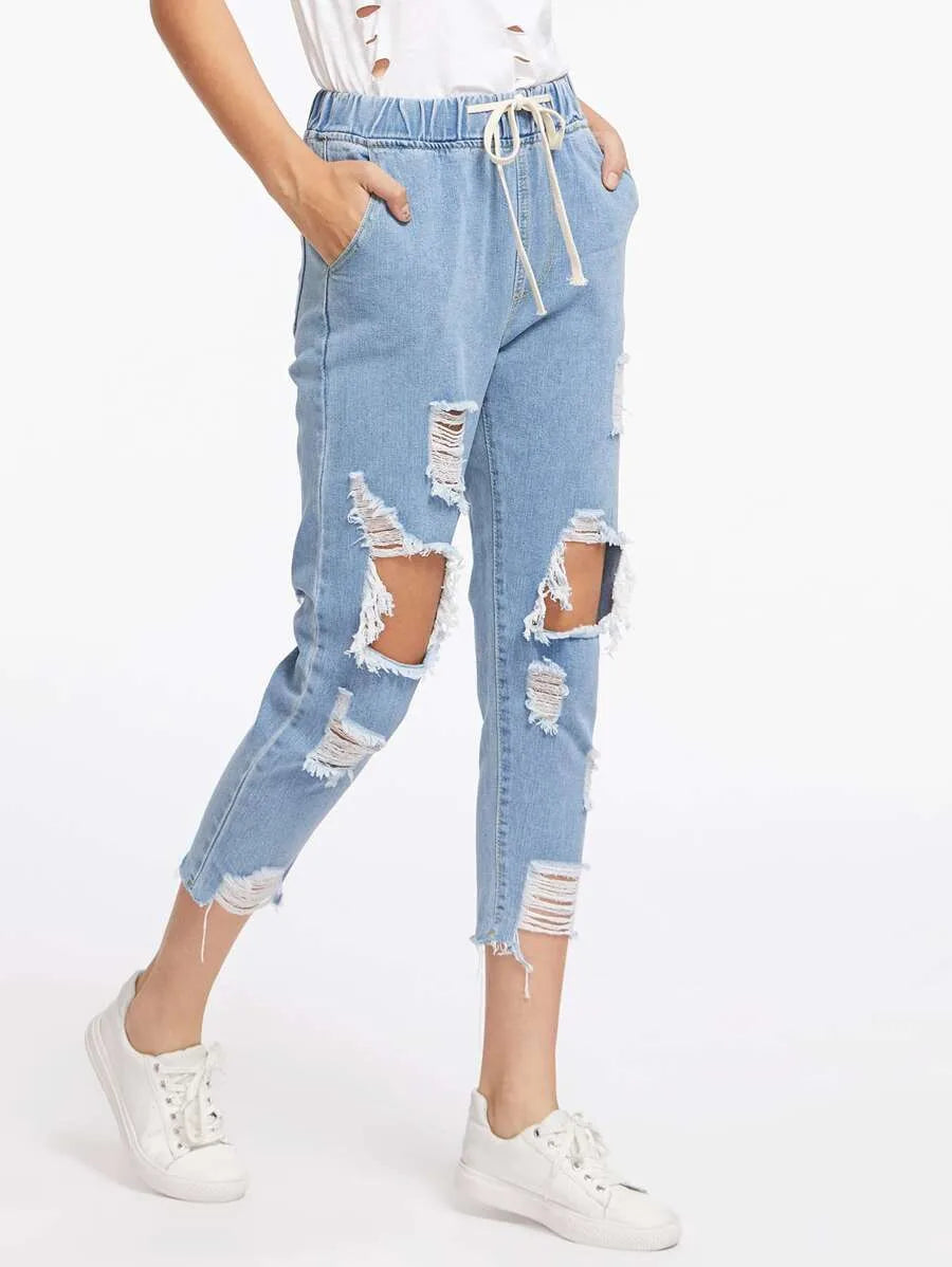 Destroyed Raw Hem Drawstring Waist Crop Boyfriend Jeans Periwinkley Shop