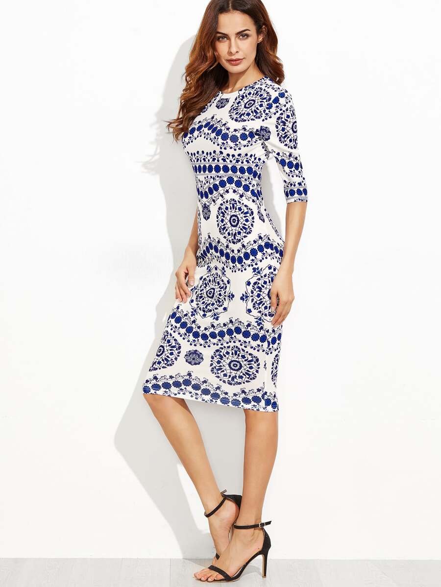 Porcelain Print Pencil Dress Periwinkley Shop