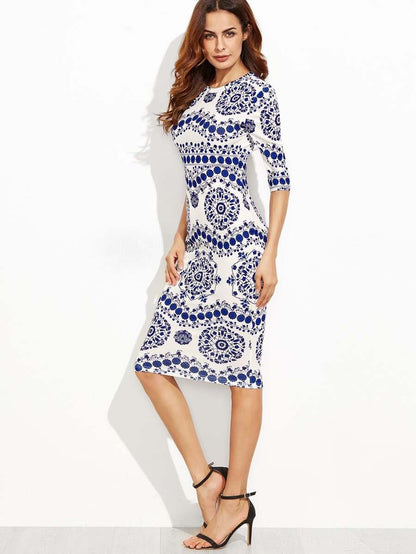 Porcelain Print Pencil Dress Periwinkley Shop