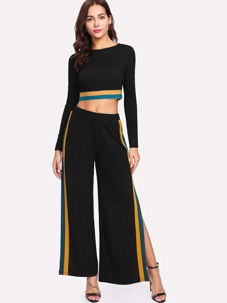 Striped Hem Crop Top & Split Side Palazzo Pants Set Periwinkley Shop