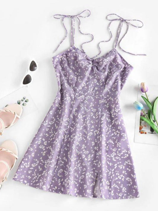 Ditsy Print Tied Shoulder Cami Slit Dress Periwinkley Shop