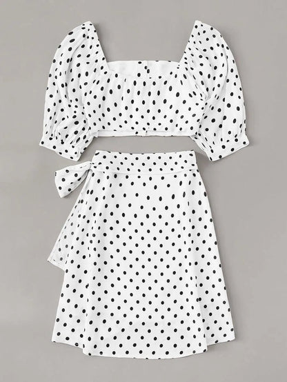 Buttoned Crop Polka Dot Top & Knot Overlap Skirt Set Periwinkley Shop