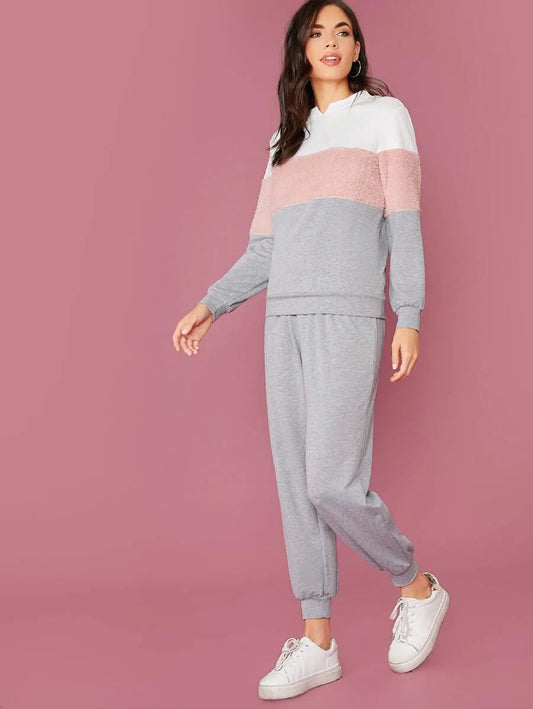 V-Cut Neck Colorblock Teddy Panel Pullover & Sweatpants Set Periwinkley Shop