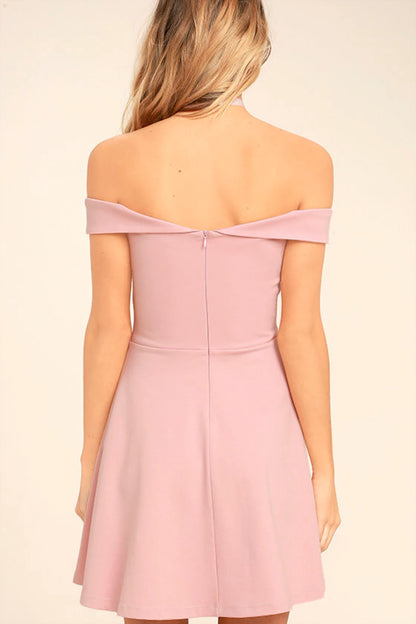 Off Shoulder Skater Pink Dress