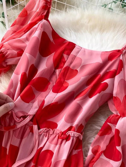 Flared Sleeves Red Printed Elegant Short Hollow out Cute Dress Periwinkley Shop