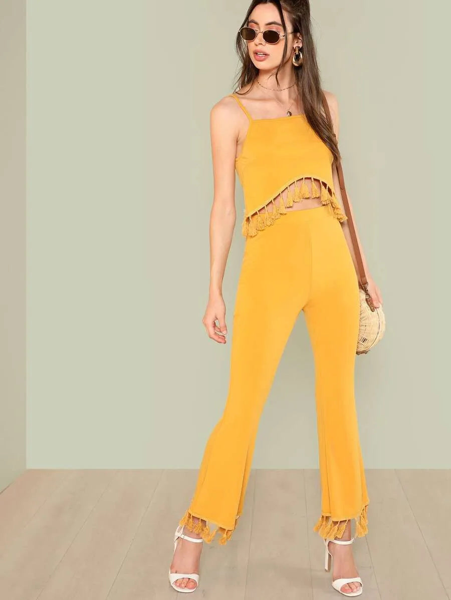 Tassel Detail Crop Cami Top & Pants Set - Yellow Periwinkley Shop