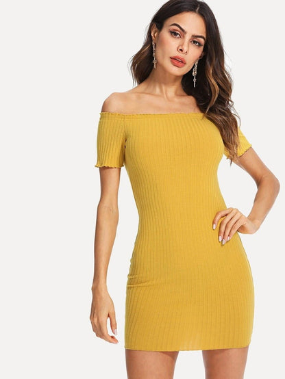 Lettuce Edge Detail Ribbed Bardot Dress Periwinkley Shop