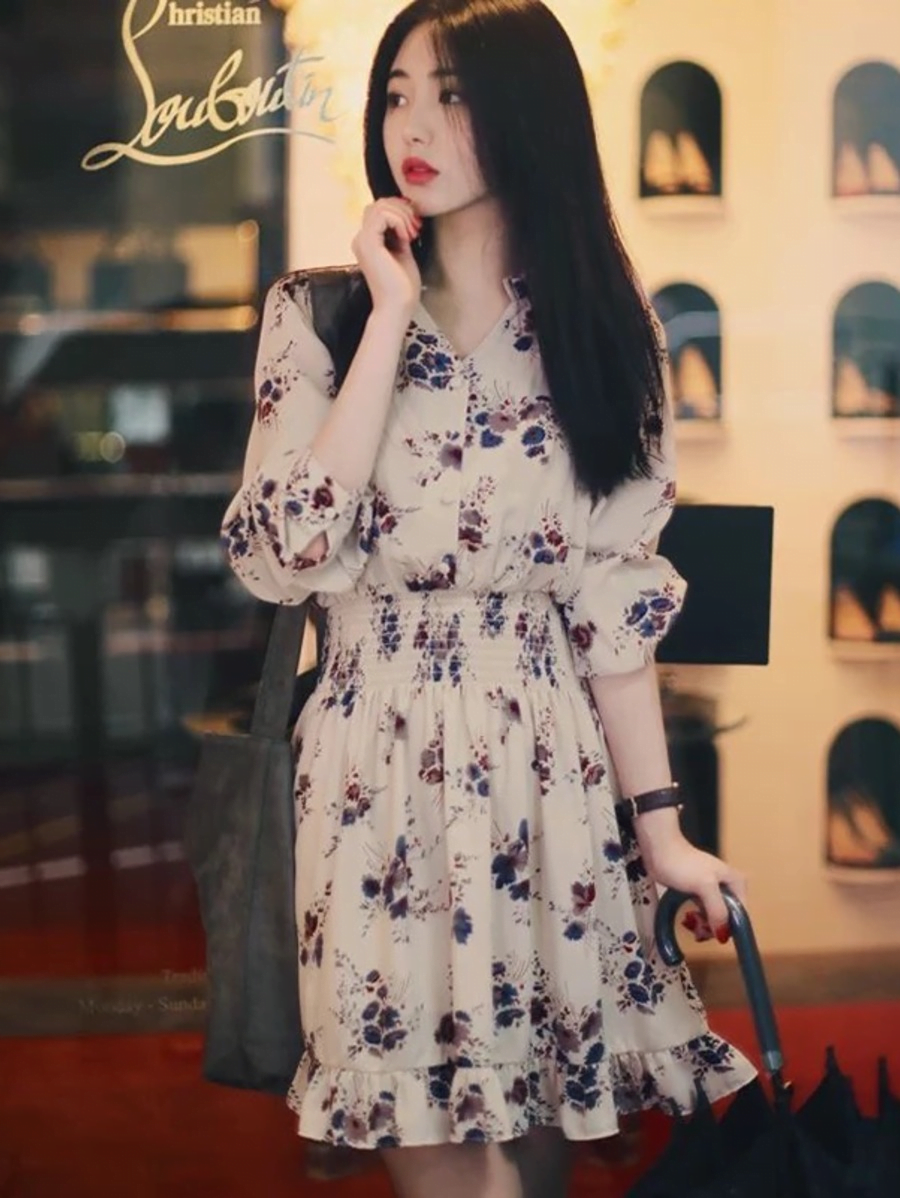 Long Sleeve  floral casual dress Beige Periwinkley Shop