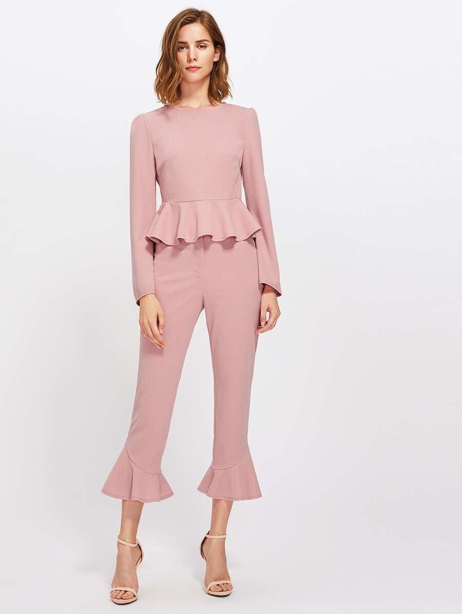 Bell Sleeve Peplum Top And  Ruffle Pants Set Periwinkley Shop