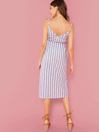 Button Through Self Belt Stripe Cami Dress Periwinkley Shop