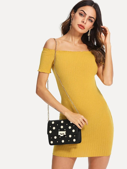 Lettuce Edge Detail Ribbed Bardot Dress Periwinkley Shop