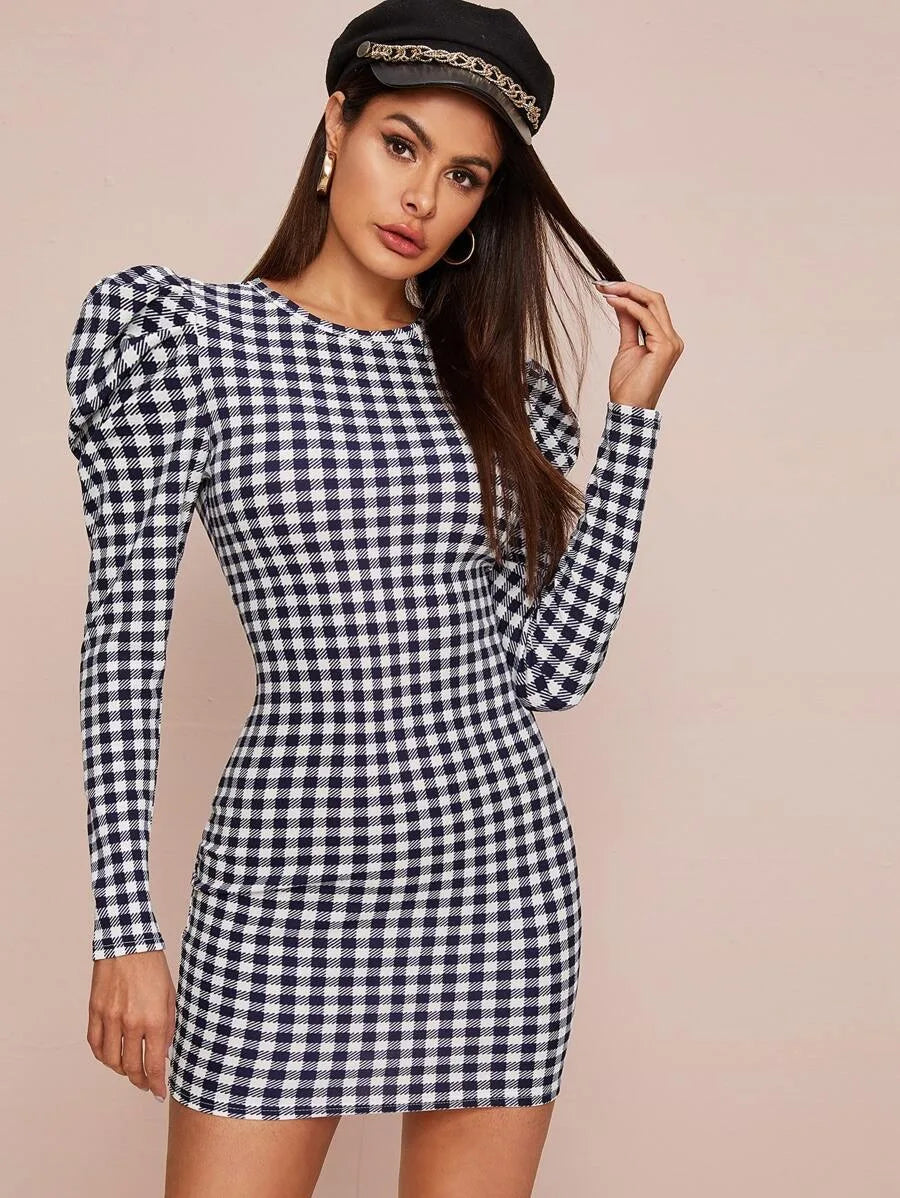 Gigot Sleeve Gingham Bodycon Dress Periwinkley Shop