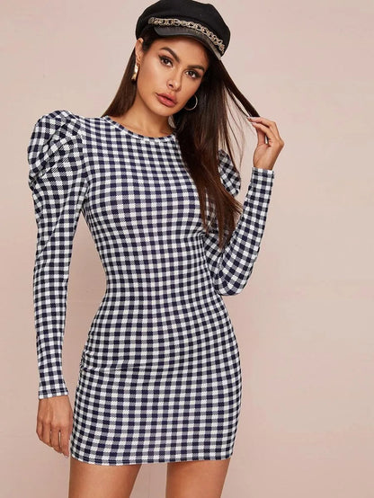 Gigot Sleeve Gingham Bodycon Dress Periwinkley Shop