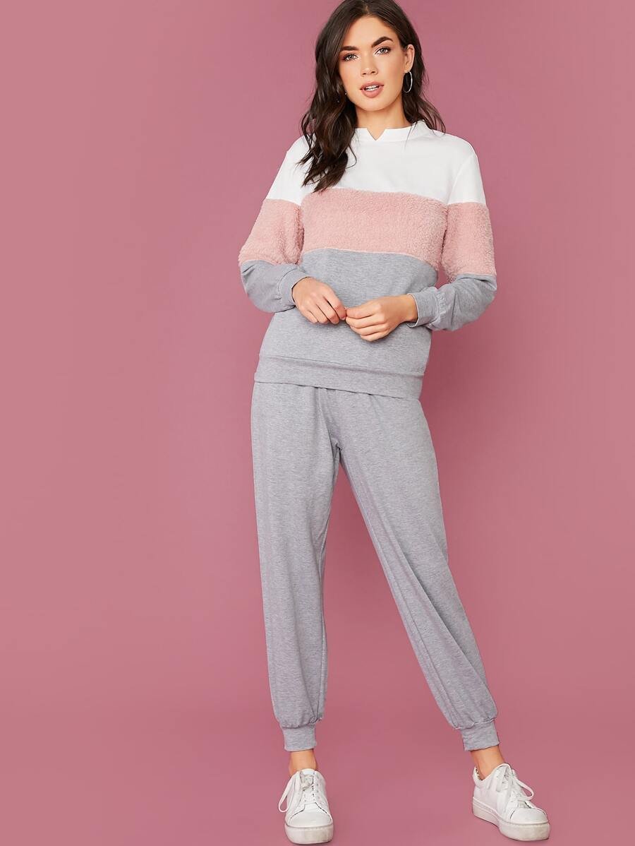 V-Cut Neck Colorblock Teddy Panel Pullover & Sweatpants Set Periwinkley Shop