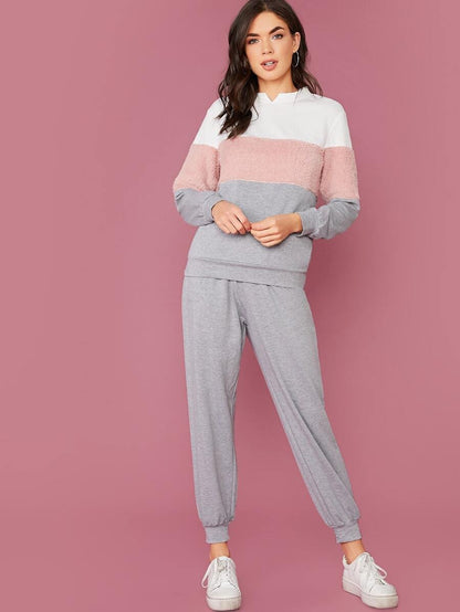 V-Cut Neck Colorblock Teddy Panel Pullover & Sweatpants Set Periwinkley Shop