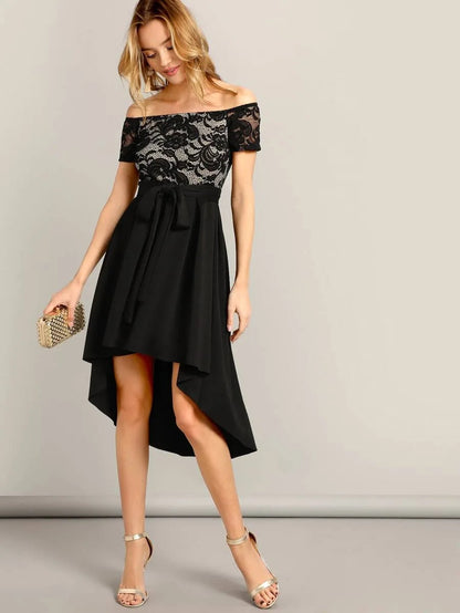 Off Shoulder Asymmetrical Hem Lace Belted Dress Periwinkley Shop