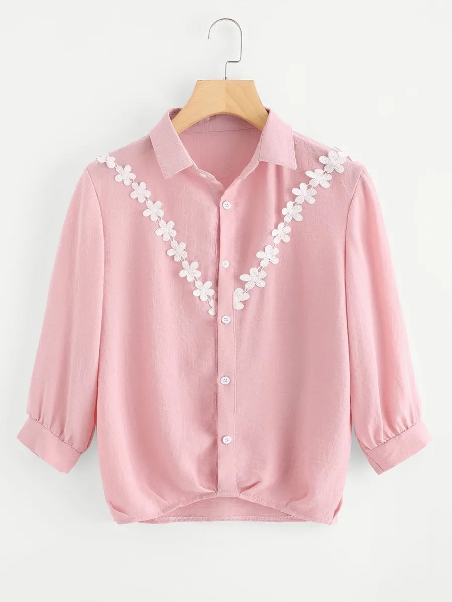 Contrast Lace  Embroidered Shirt Periwinkley Shop