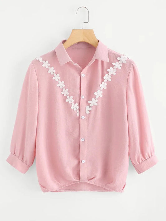Contrast Lace  Embroidered Shirt Periwinkley Shop