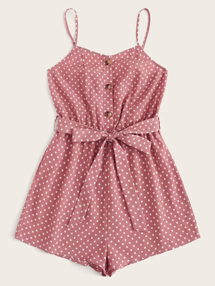 Button Front Polka Dot Belted Romper Periwinkley Shop