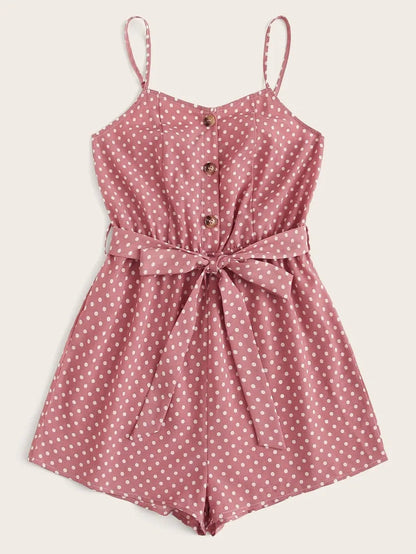 Button Front Polka Dot Belted Romper Periwinkley Shop