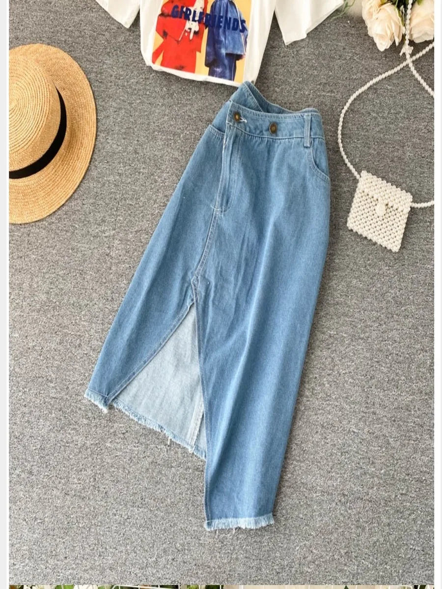 Graphic print T-shirt and side cut denim skirt set Periwinkley Shop