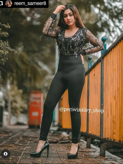 Sequin Embellished Mesh Sleeve Fitted Jumpsuit Periwinkley Shop