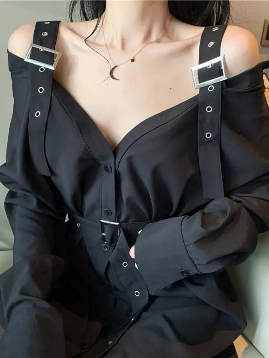 Black Strap Gothic Punk Style Shirt Dress with Belt Periwinkley Shop