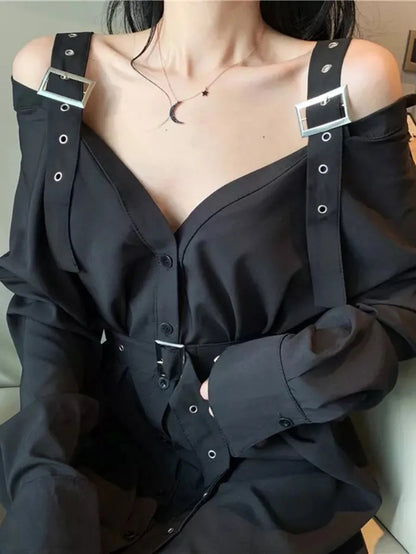 Black Strap Gothic Punk Style Shirt Dress with Belt Periwinkley Shop