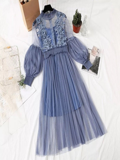 Stand Collar Lantern Sleeve Mesh Dress Periwinkley Shop