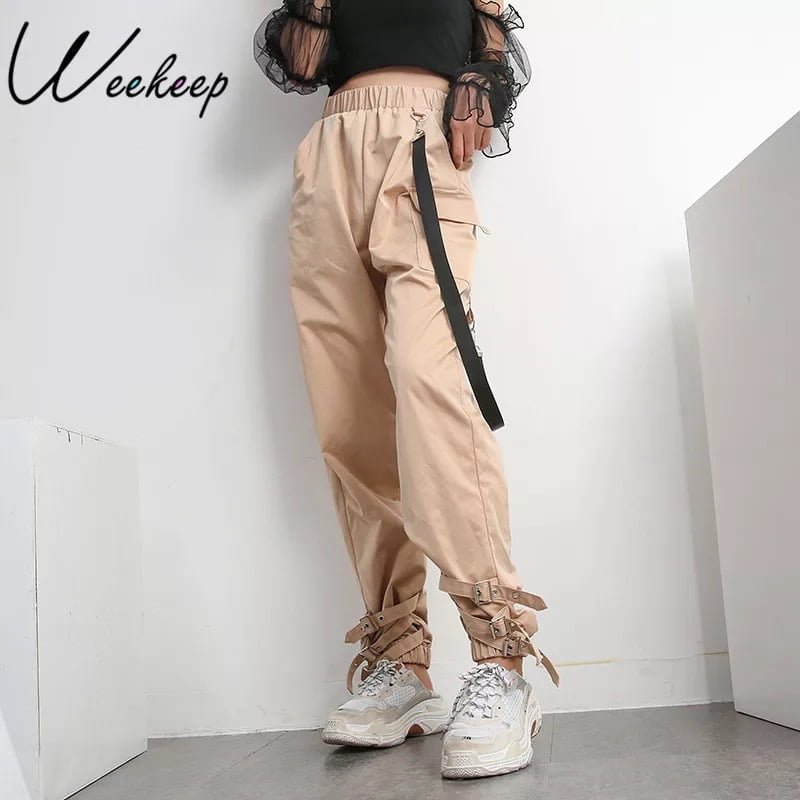 Side Ribbon Cargo Pants Buckle Leg Casual Sweatpants Periwinkley Shop