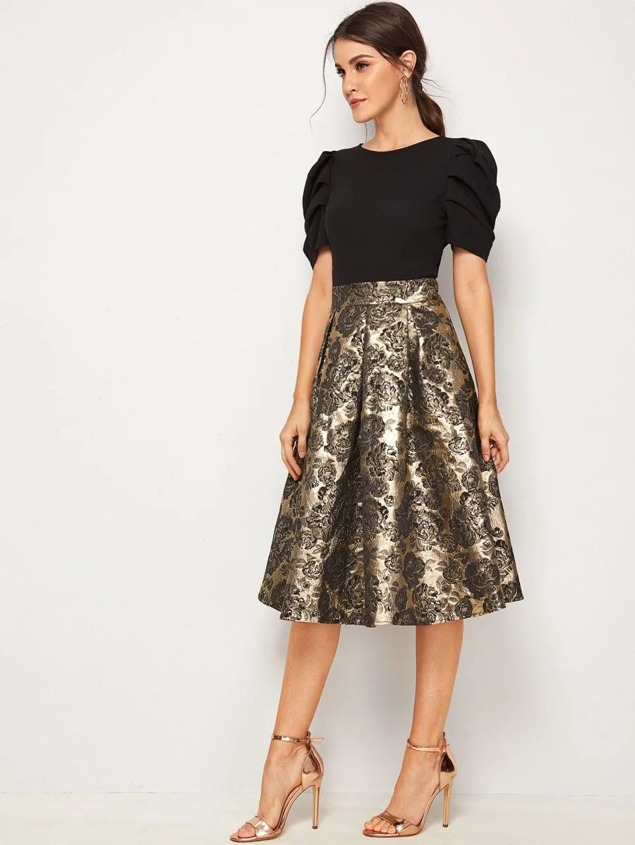 Solid Puff Sleeve Bodice Jacquard Flared Dress Periwinkley Shop