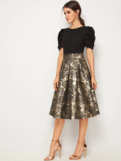 Solid Puff Sleeve Bodice Jacquard Flared Dress Periwinkley Shop