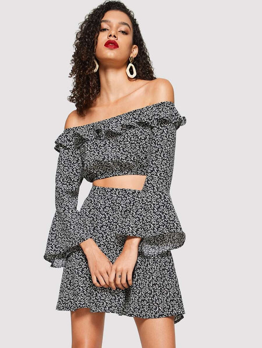 Foldover Front Off Shoulder Botanical Top and Skirt Set Periwinkley Shop