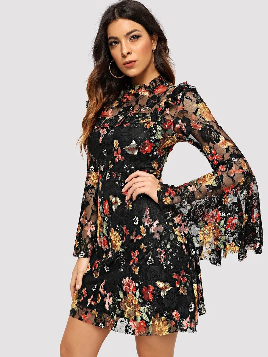 Bell Sleeve Floral Lace Dress Periwinkley Shop