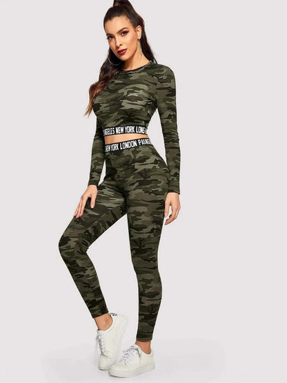 Contrast Letter Tape Camo Print Crop Tee &amp; Leggings Set Periwinkley Shop