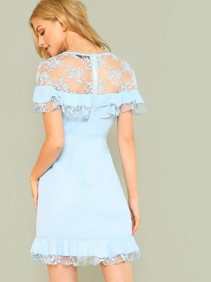 Lace Insert Ruffle Trim Wrap Dress Periwinkley Shop