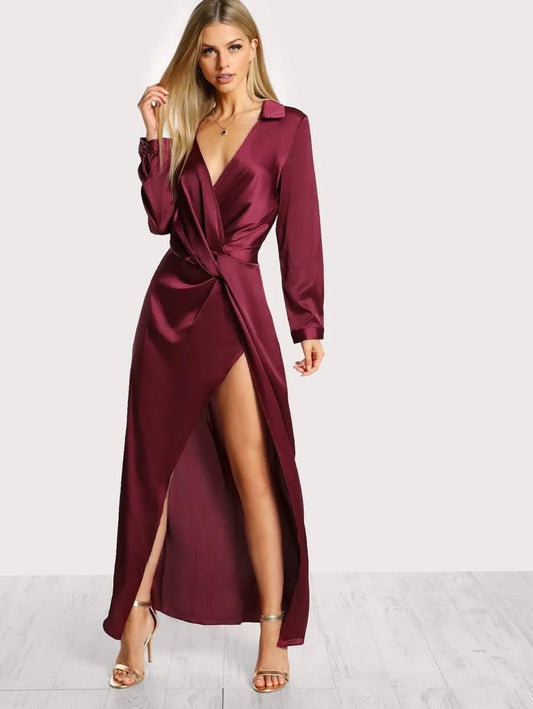 Front Twist Split Satin Wrap Dress Periwinkley Shop