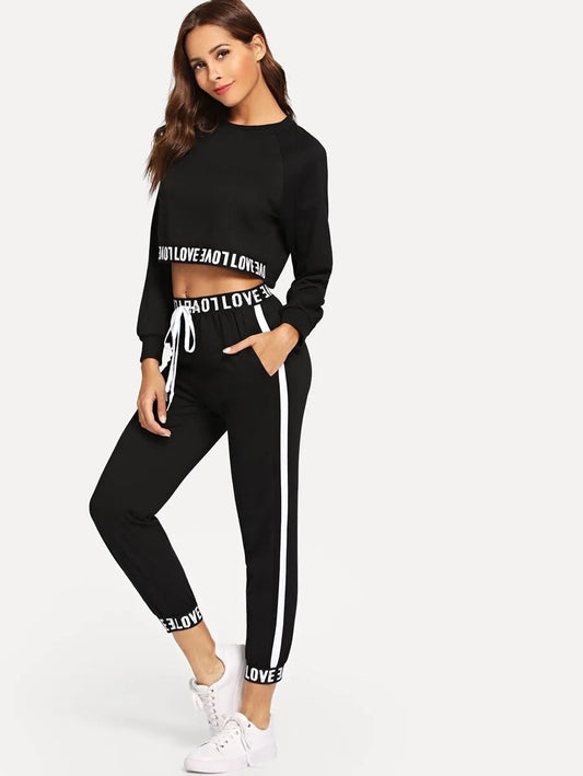 Letter Print Crop Top With Drawstring Pants Periwinkley Shop