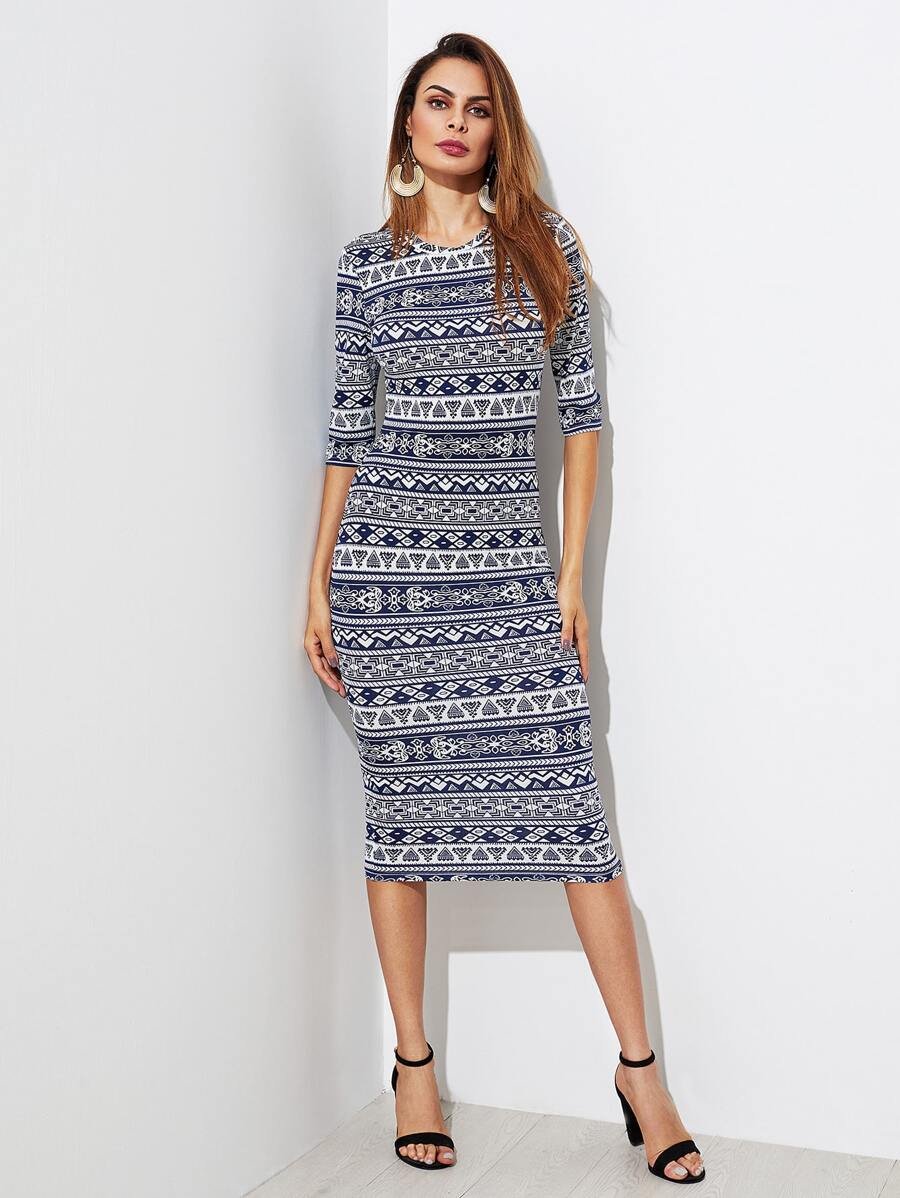 Tribal Print Form Fitting Dress Periwinkley Shop