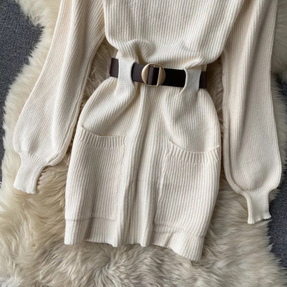 Guilantu Knitting Spring Autumn Turtleneck Puff Sleeve dress - White Periwinkley Shop