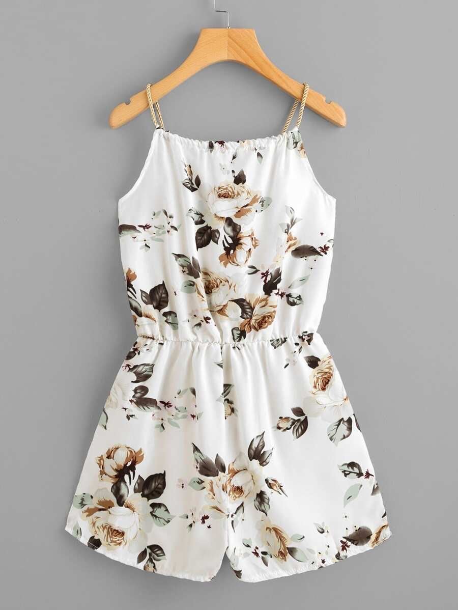 Floral Print Random Self Tie Neck Cami Romper Periwinkley Shop