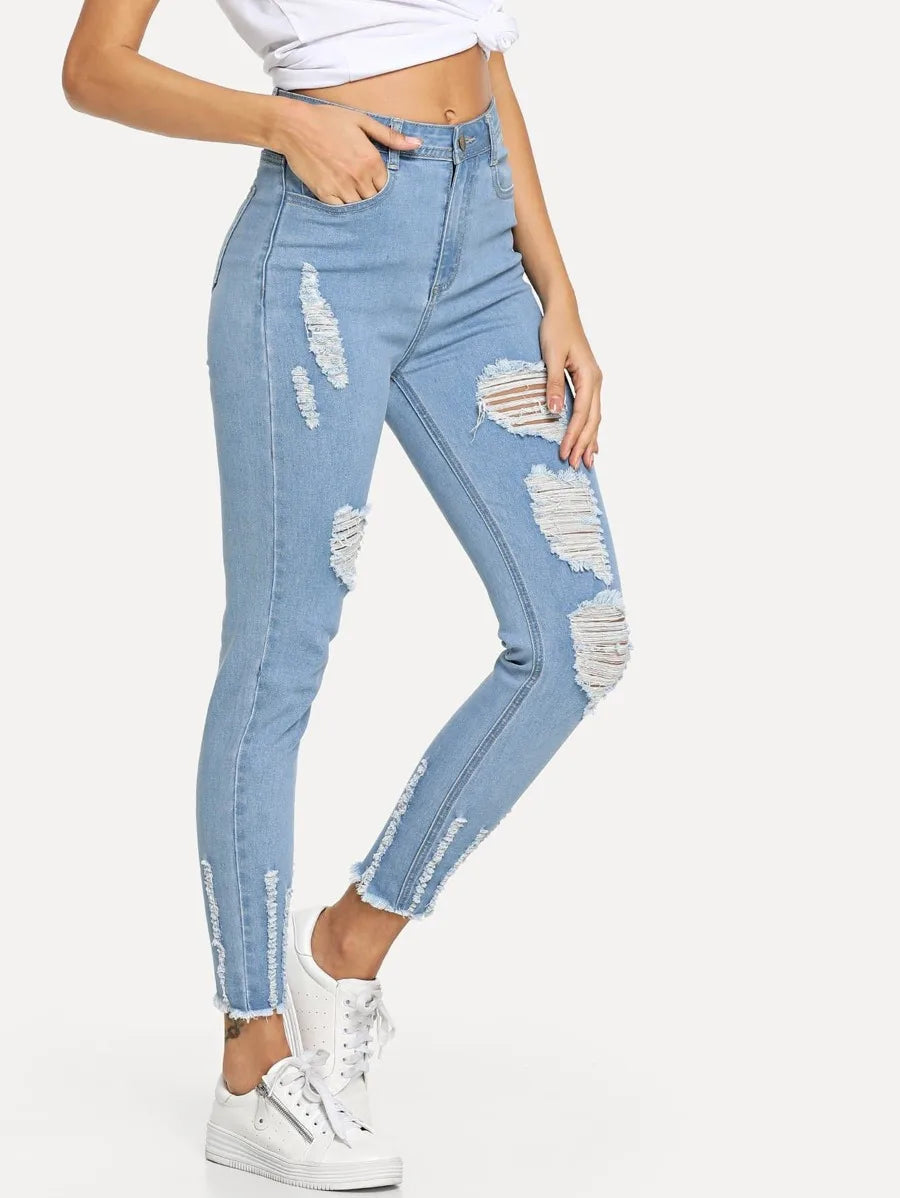 Distressed Raw Hem Jeans Periwinkley Shop