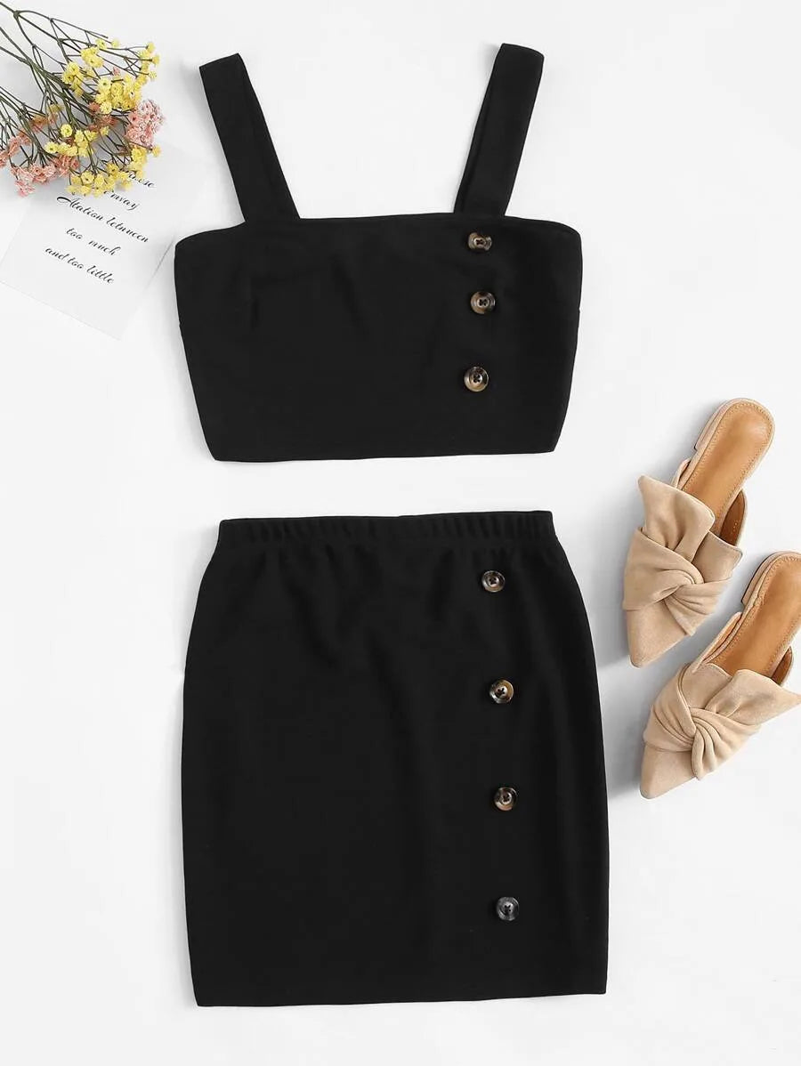 Buttoned Detail Thick Strap Top & Skirt Set Periwinkley Shop