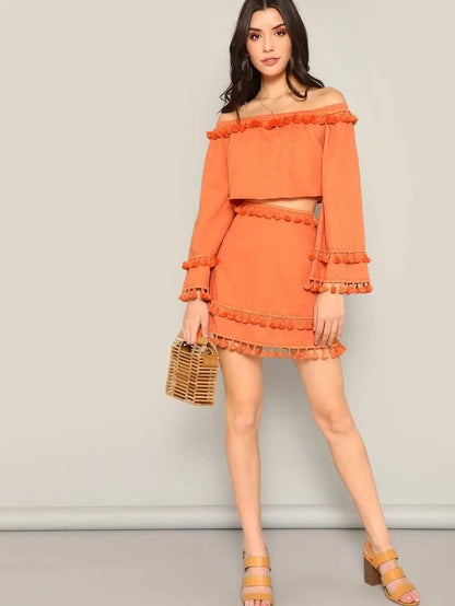 Off Shoulder Tassel Detail Top and Skirt Set Periwinkley Shop
