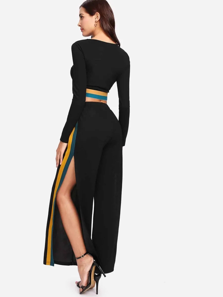 Striped Hem Crop Top & Split Side Palazzo Pants Set Periwinkley Shop