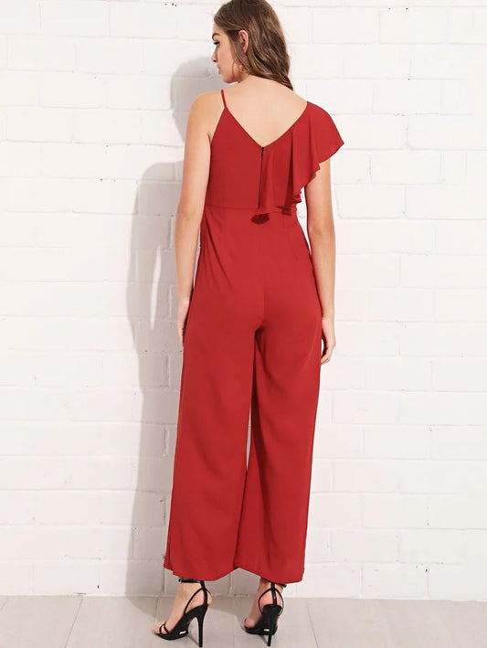 Ruffle Trim Zip Back Wide Leg Jumpsuit Periwinkley Shop
