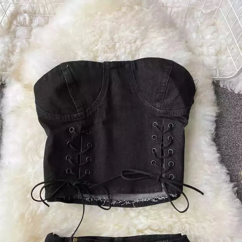 Two Piece Set Denim  Short Strapless Bra Top Retro Denim Shorts Periwinkley Shop