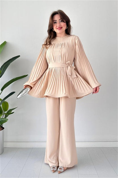 Women's Fashion Casual Belt Pleated Loose Top Wide Leg Pants Two Piece Set-Beige Periwinkley Shop