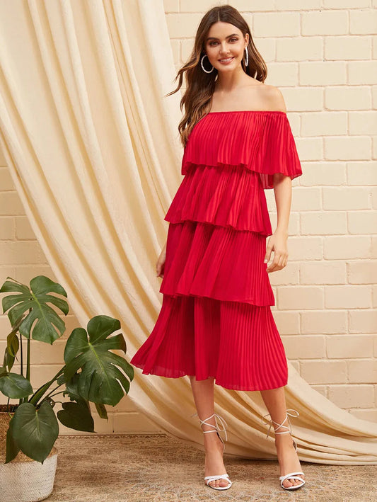 Foldover Front Off Shoulder Layered Pleated Dress Periwinkley Shop