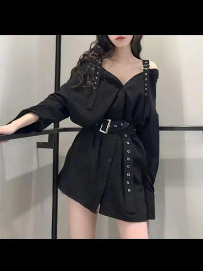 Black Strap Gothic Punk Style Shirt Dress with Belt Periwinkley Shop